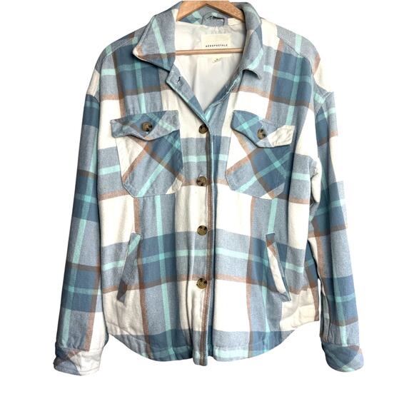 Aeropostale Blue Plaid Button Front Shacket Jacket Size Medium - Picture 1 of 5
